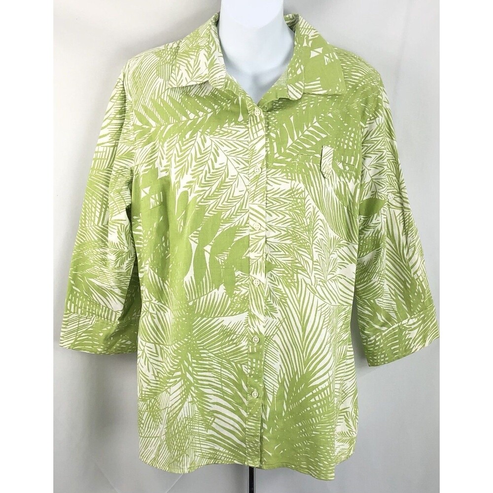 Jaclyn Smith Linen Top L Green Floral Tropical 3/4RollTab Sleeves Hawaiian 2000s